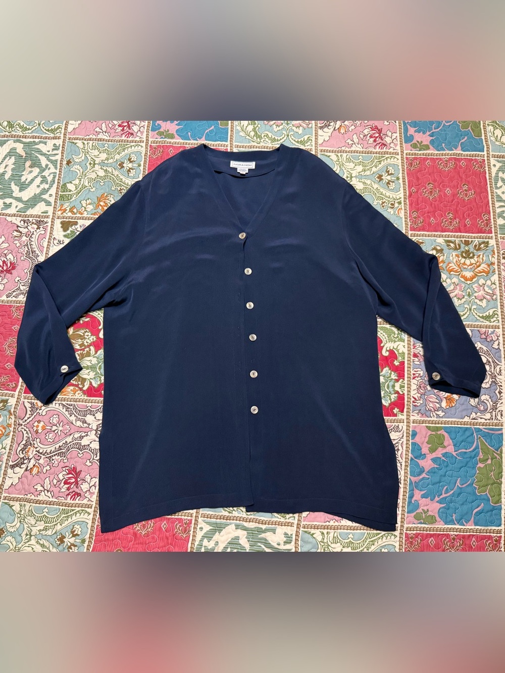 Vintage Nora Noh 100% Silk Navy Blue Button Down Blouse Top Sz 12